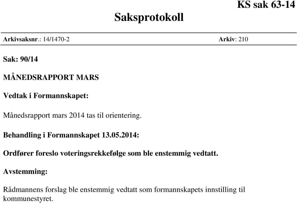 Månedsrapport mars 2014 tas til orientering.