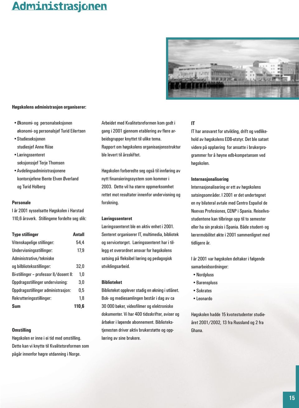 Stillingene fordelte seg slik: Type stillinger Antall Vitenskapelige stillinger: 54,4 Undervisningsstillinger: 17,9 Administrative/tekniske og bilblioteksstillinger: 32,0 Bi-stillinger professor