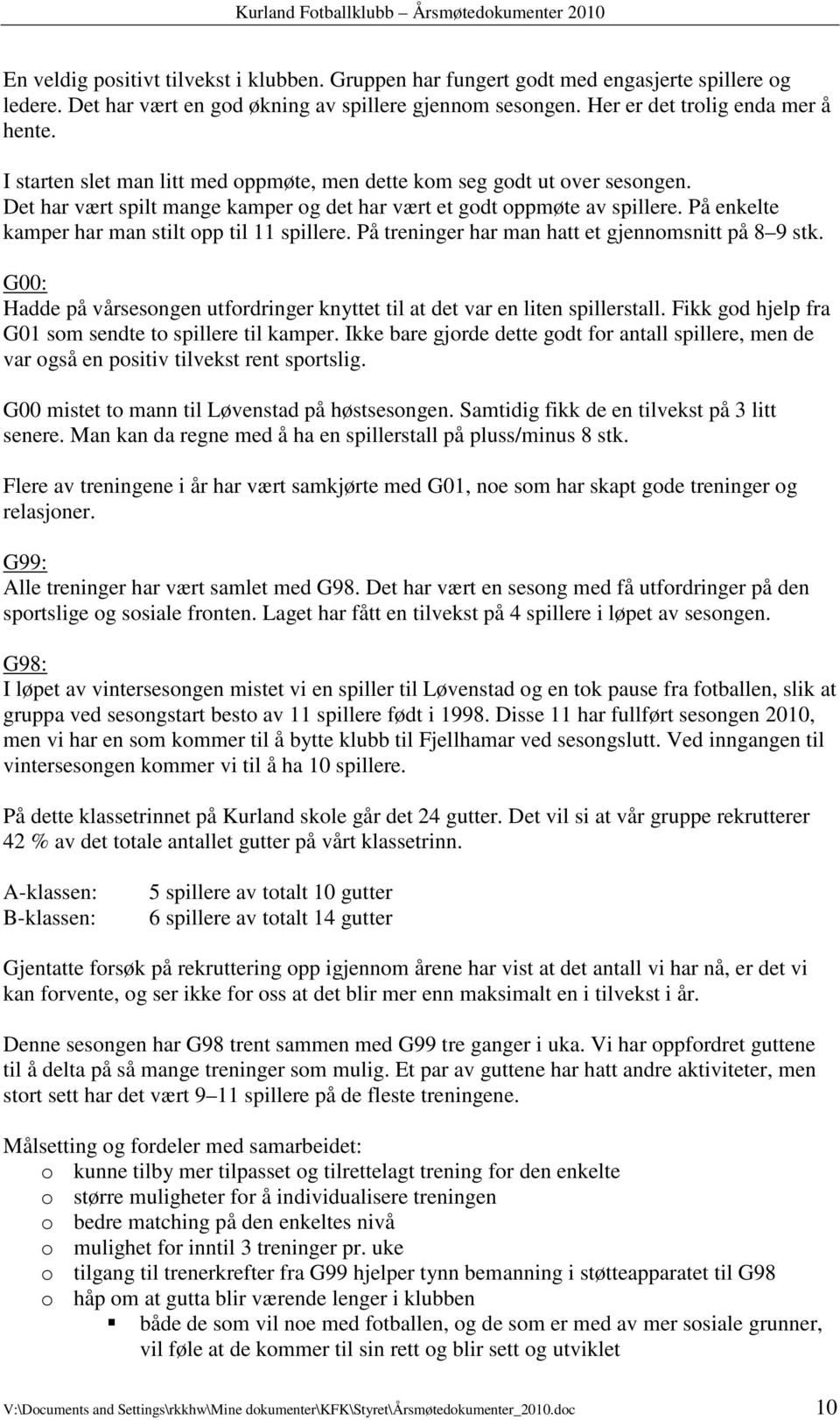 På enkelte kamper har man stilt opp til 11 spillere. På treninger har man hatt et gjennomsnitt på 8 9 stk. G00: Hadde på vårsesongen utfordringer knyttet til at det var en liten spillerstall.