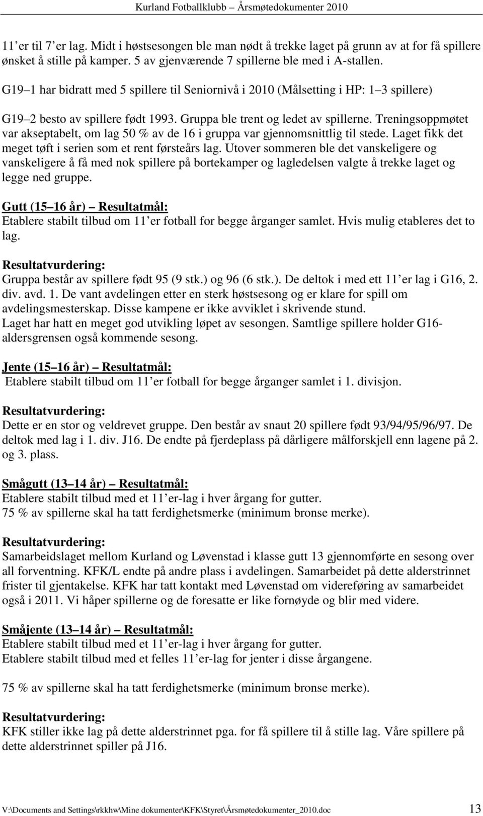 Treningsoppmøtet var akseptabelt, om lag 50 % av de 16 i gruppa var gjennomsnittlig til stede. Laget fikk det meget tøft i serien som et rent førsteårs lag.