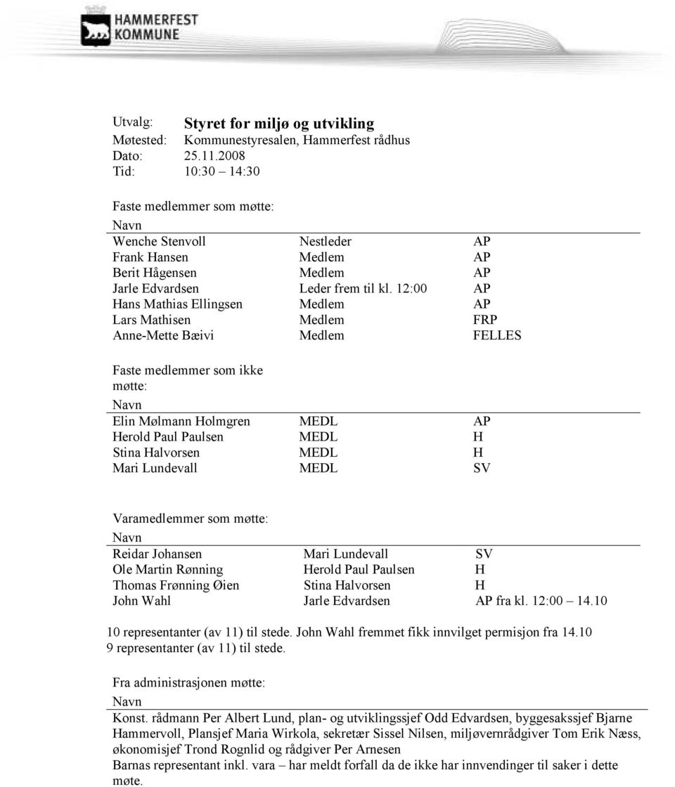 12:00 AP Hans Mathias Ellingsen Medlem AP Lars Mathisen Medlem FRP Anne-Mette Bæivi Medlem FELLES Faste medlemmer som ikke møtte: Navn Elin Mølmann Holmgren MEDL AP Herold Paul Paulsen MEDL H Stina