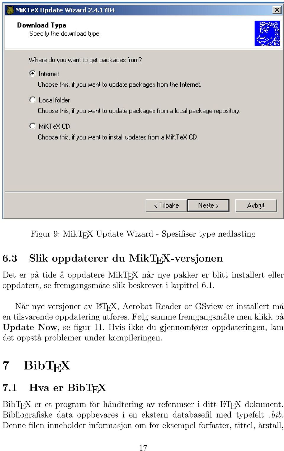 Når nye versjoner av L A TEX, Acrobat Reader or GSview er installert må en tilsvarende oppdatering utføres. Følg samme fremgangsmåte men klikk på Update Now, se figur 11.