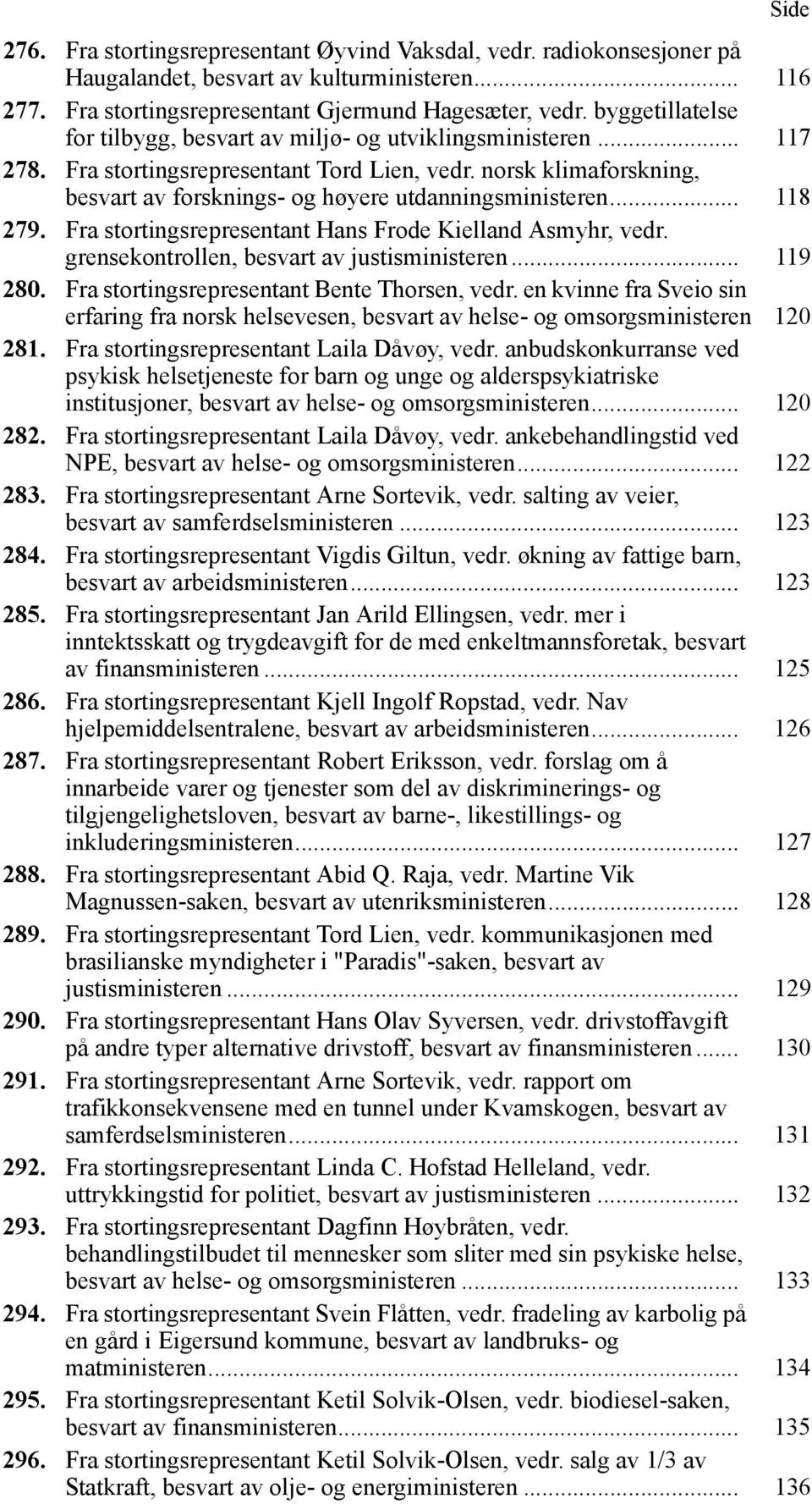 norsk klimaforskning, besvart av forsknings- og høyere utdanningsministeren... 118 279. Fra stortingsrepresentant Hans Frode Kielland Asmyhr, vedr. grensekontrollen, besvart av justisministeren.