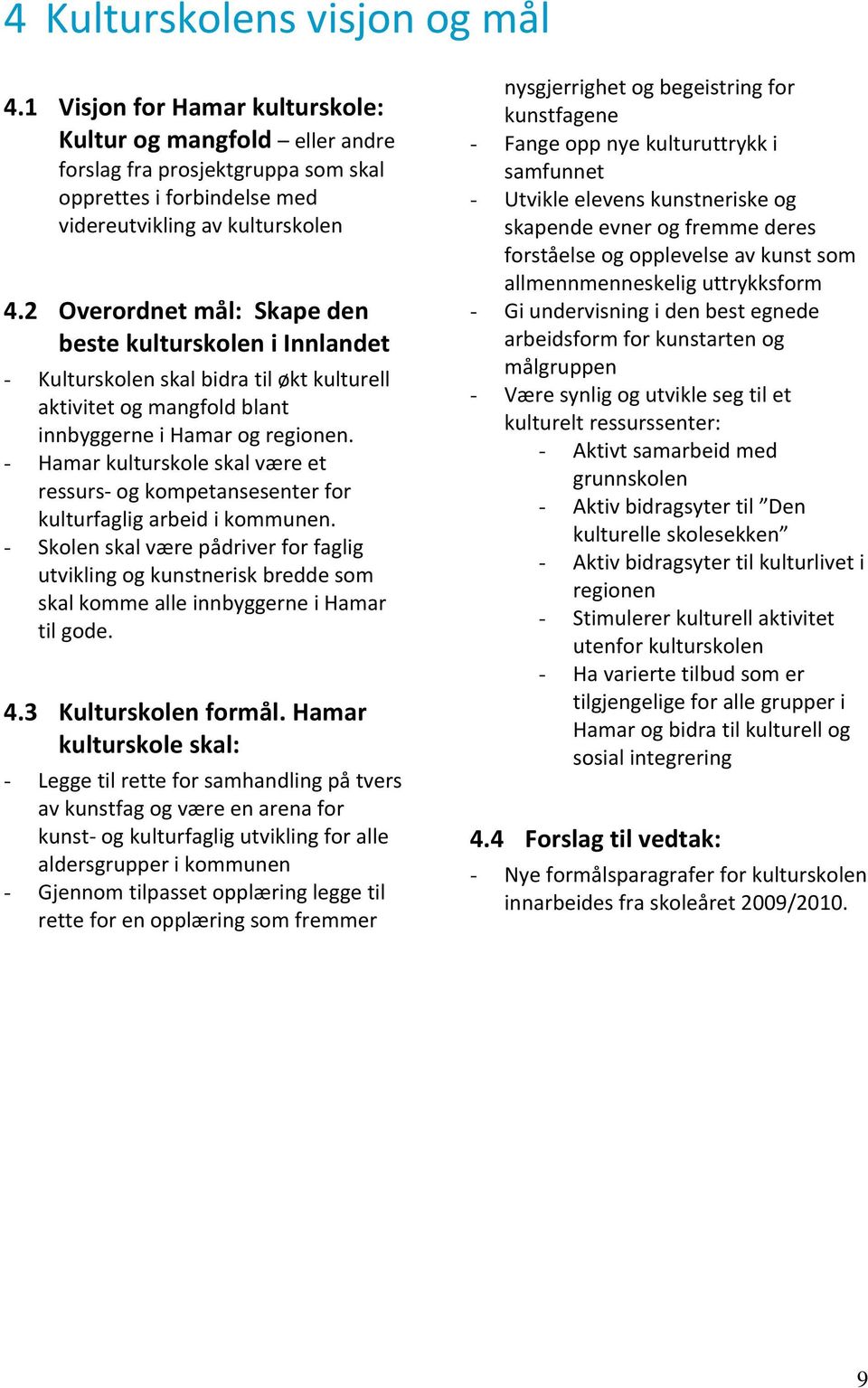 - Hamar kulturskole skal være et ressurs og kompetansesenter for kulturfaglig arbeid i kommunen.