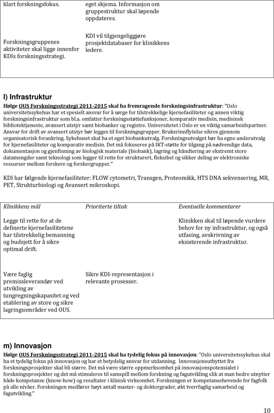 l) Infrastruktur Ifølge OUS Forskningsstrategi 2011 2015 skal ha fremragende forskningsinfrastruktur: Oslo universitetssykehus har et spesielt ansvar for å sørge for tilstrekkelige kjernefasiliteter