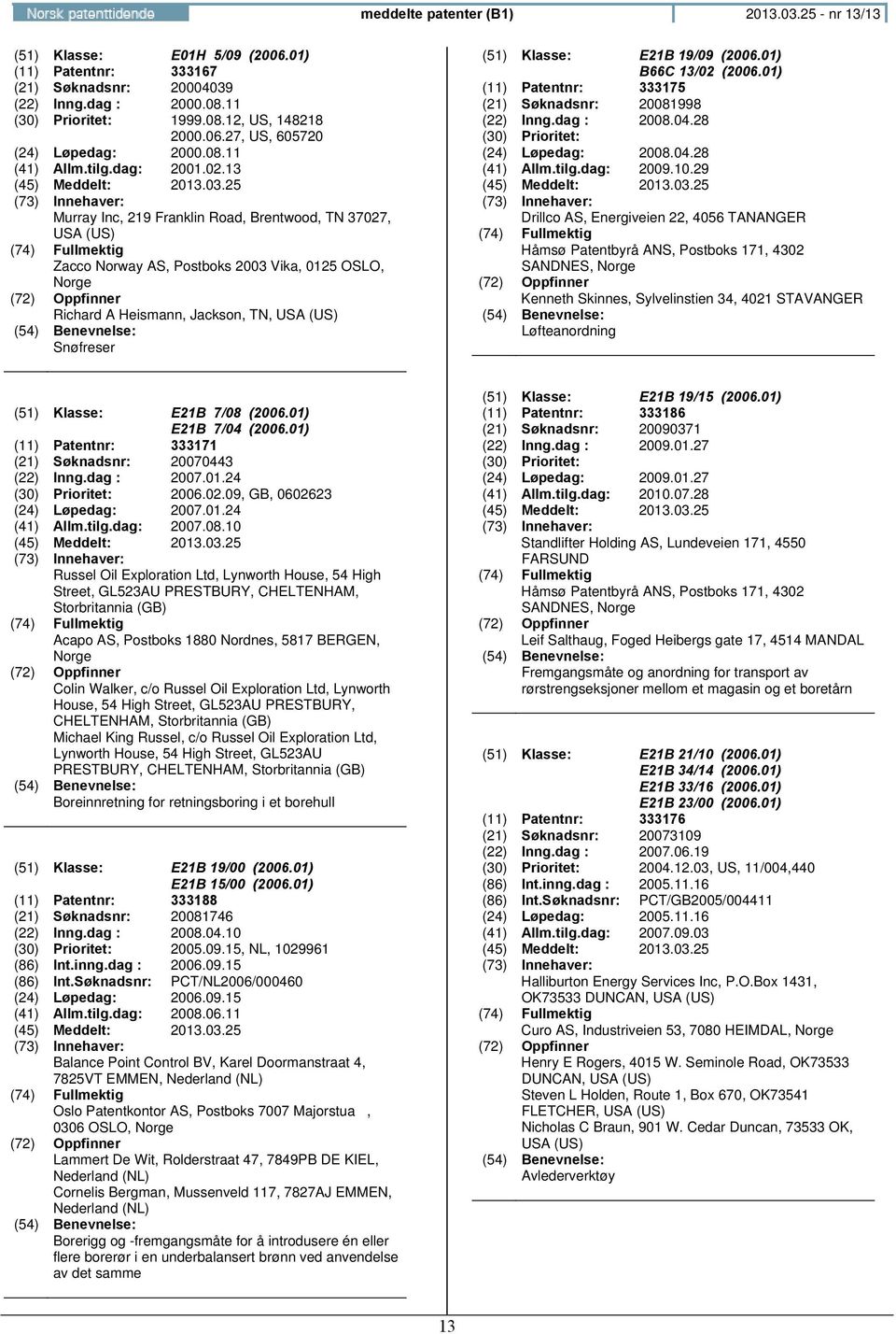 13 Murray Inc, 219 Franklin Road, Brentwood, TN 37027, USA (US) Zacco Norway AS, Postboks 2003 Vika, 0125 OSLO, Richard A Heismann, Jackson, TN, USA (US) Snøfreser (51) Klasse: E21B 19/09 (2006.