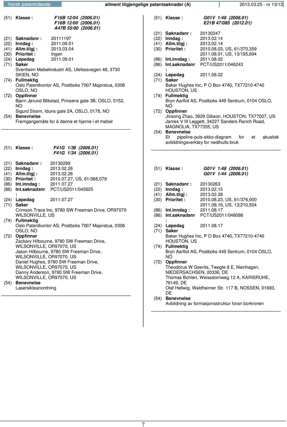 01 Svenheim Møbelindustri AS, Ulefossvegen 48, 3730 SKIEN, Oslo Patentkontor AS, Postboks 7007 Majorstua, 0306 OSLO, Bjørn Jørund Blikstad, Prinsens gate 3B, OSLO, 0152, Sigurd Strøm, Iduns gate 2A,