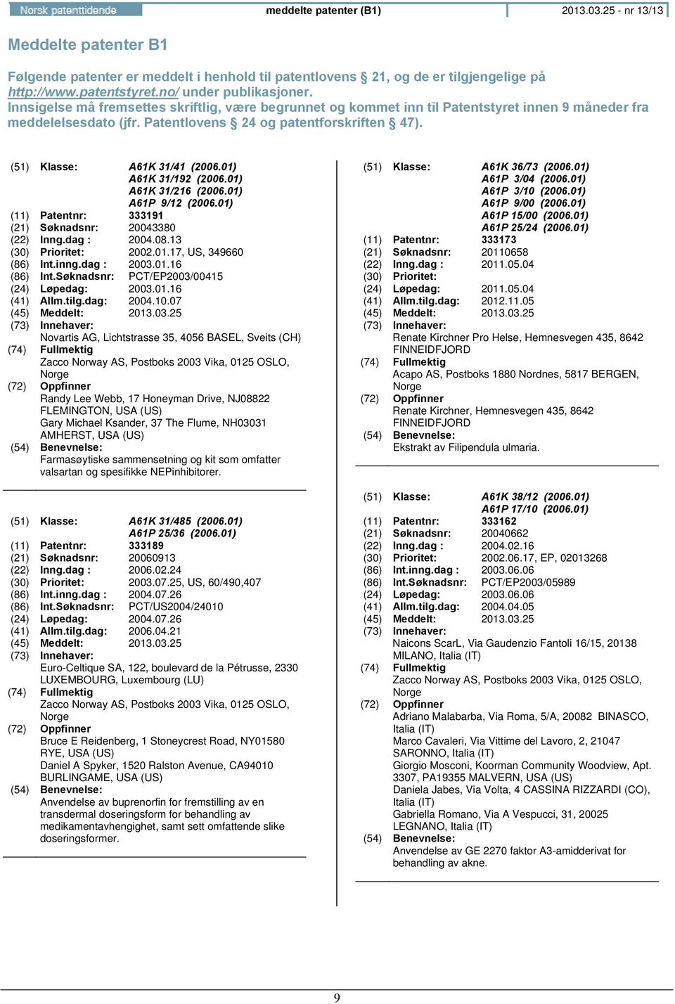 01) A61K 31/192 (2006.01) A61K 31/216 (2006.01) A61P 9/12 (2006.01) (11) Patentnr: 333191 (21) Søknadsnr: 20043380 (22) Inng.dag : 2004.08.13 (30) Prioritet: 2002.01.17, US, 349660 (86) Int.inng.