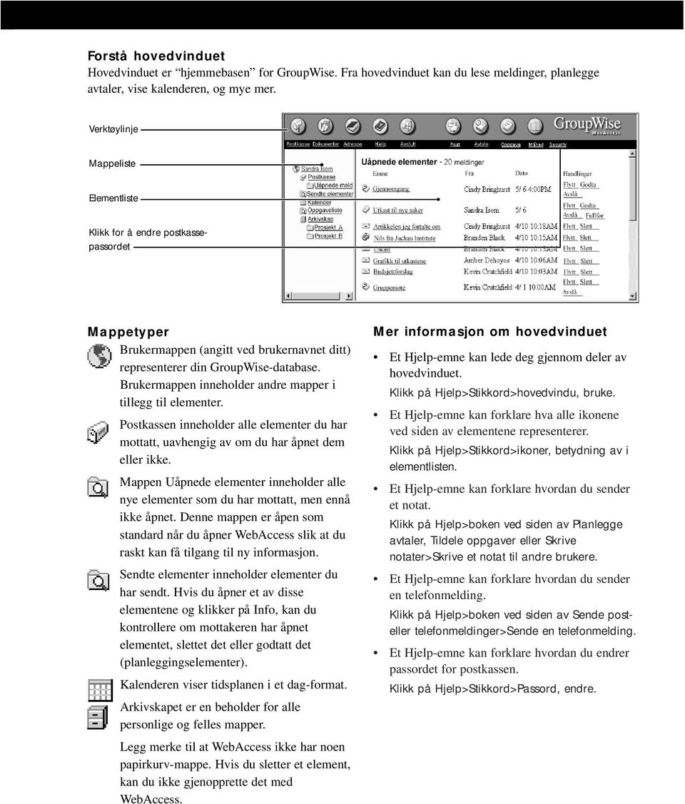 Brukermappen inneholder andre mapper i tillegg til elementer. Postkassen inneholder alle elementer du har mottatt, uavhengig av om du har åpnet dem eller ikke.