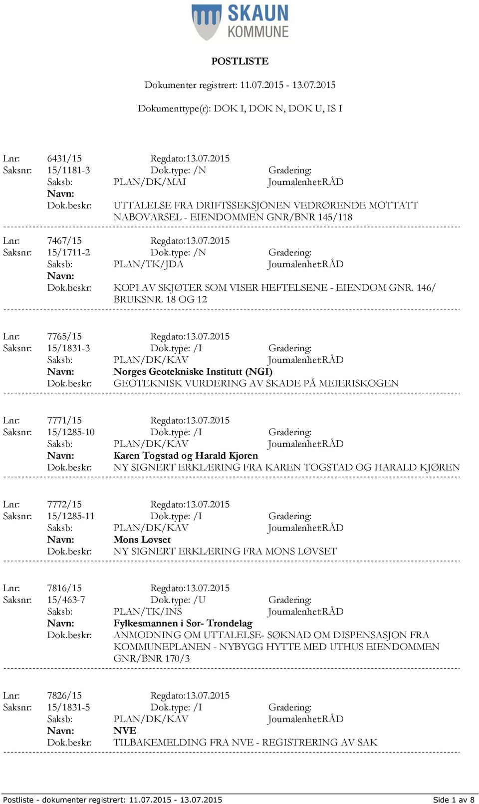 type: /N Gradering: Saksb: PLAN/TK/JDA Journalenhet:RÅD KOPI AV SKJØTER SOM VISER HEFTELSENE - EIENDOM GNR. 146/ BRUKSNR. 18 OG 12 Lnr: 7765/15 Regdato:13.07.2015 Saksnr: 15/1831-3 Dok.