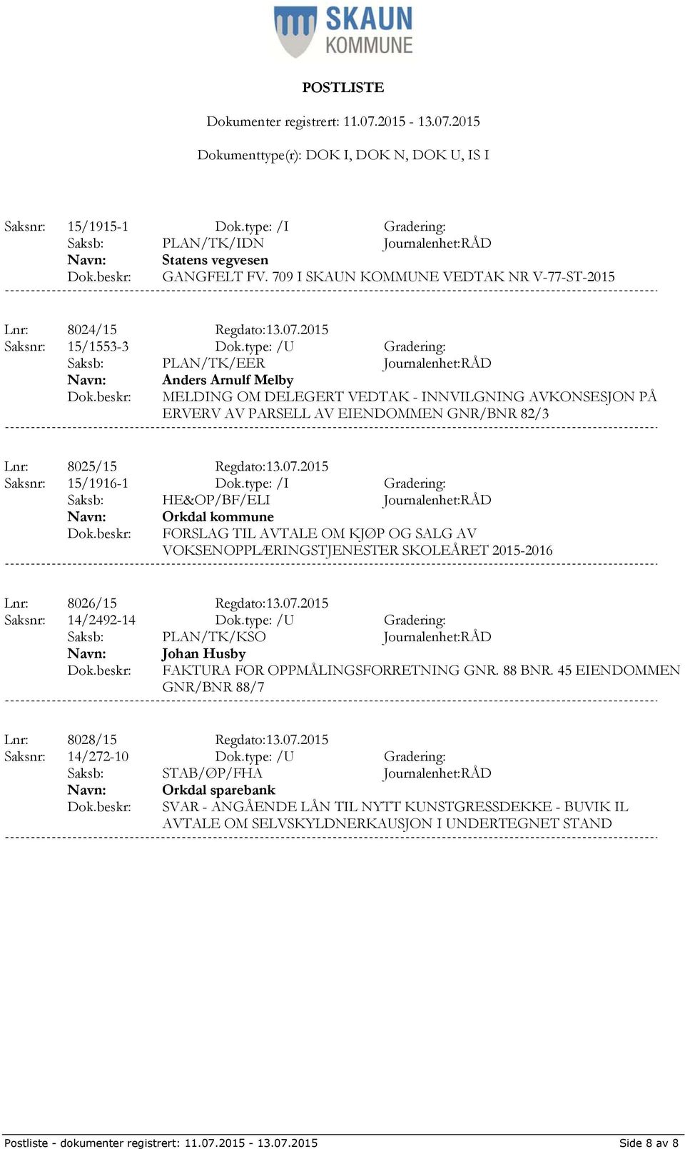 type: /U Gradering: Saksb: PLAN/TK/EER Journalenhet:RÅD Anders Arnulf Melby MELDING OM DELEGERT VEDTAK - INNVILGNING AVKONSESJON PÅ ERVERV AV PARSELL AV EIENDOMMEN GNR/BNR 82/3 Lnr: 8025/15