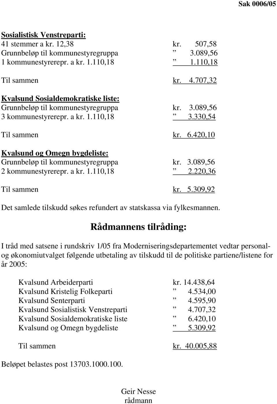 220,36 Til sammen kr. 5.309,92 Det samlede tilskudd søkes refundert av statskassa via fylkesmannen.