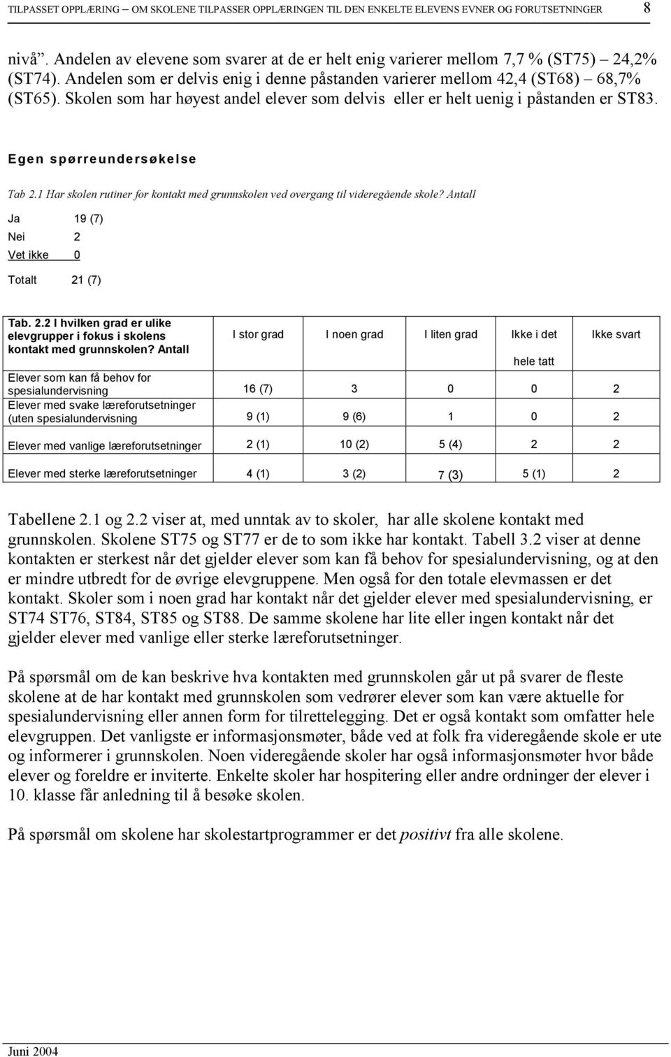 1 Har skolen rutiner for kontakt med grunnskolen ved overgang til videregående skole? Antall Ja 19 (7) Nei 2 Vet ikke 0 Totalt 21 (7) Tab. 2.2 I hvilken grad er ulike elevgrupper i fokus i skolens kontakt med grunnskolen?
