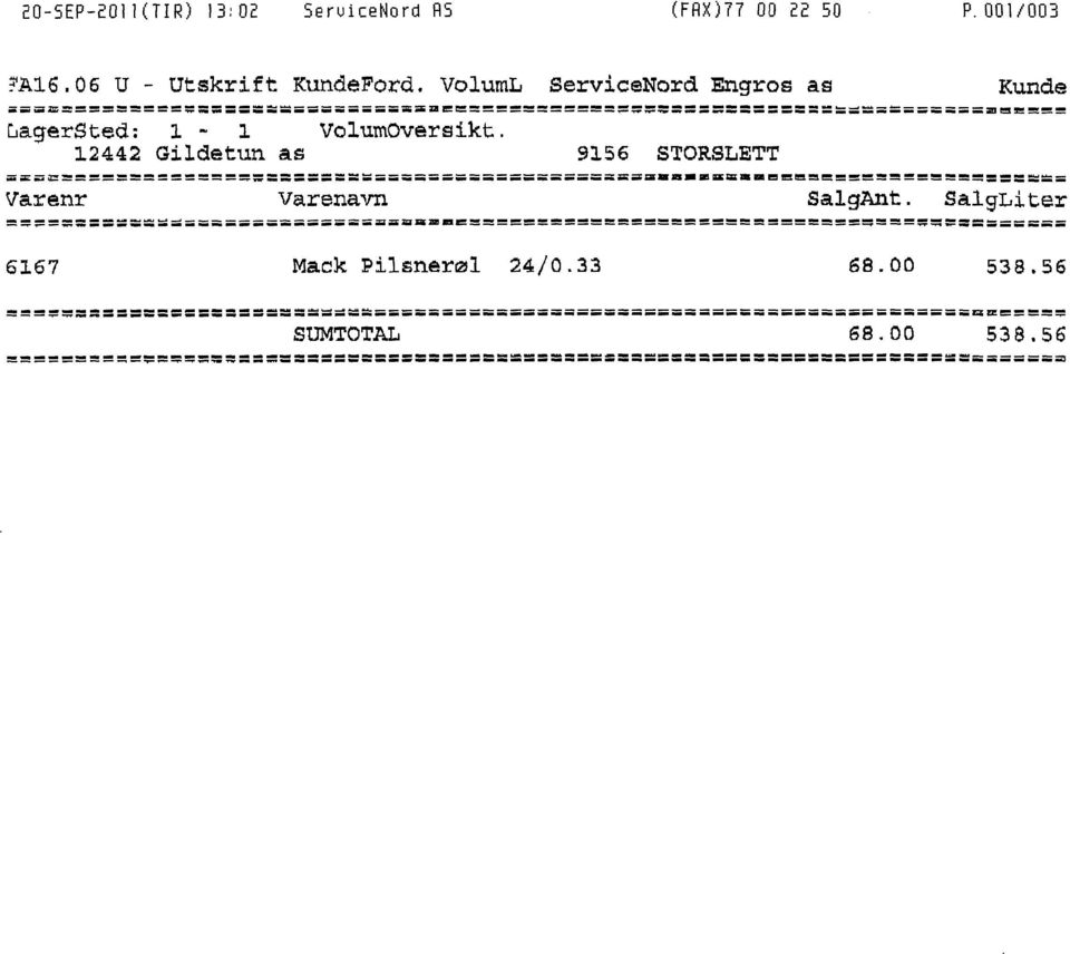 VolumL ServiceNord Engros as Kunde wammis =M23== 70(=M= LagerSted: 1-1