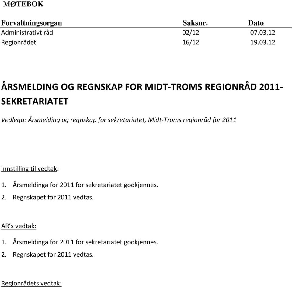 12 ÅRSMELDING OG REGNSKAP FOR MIDT-TROMS REGIONRÅD 2011- SEKRETARIATET Vedlegg: Årsmelding og regnskap for