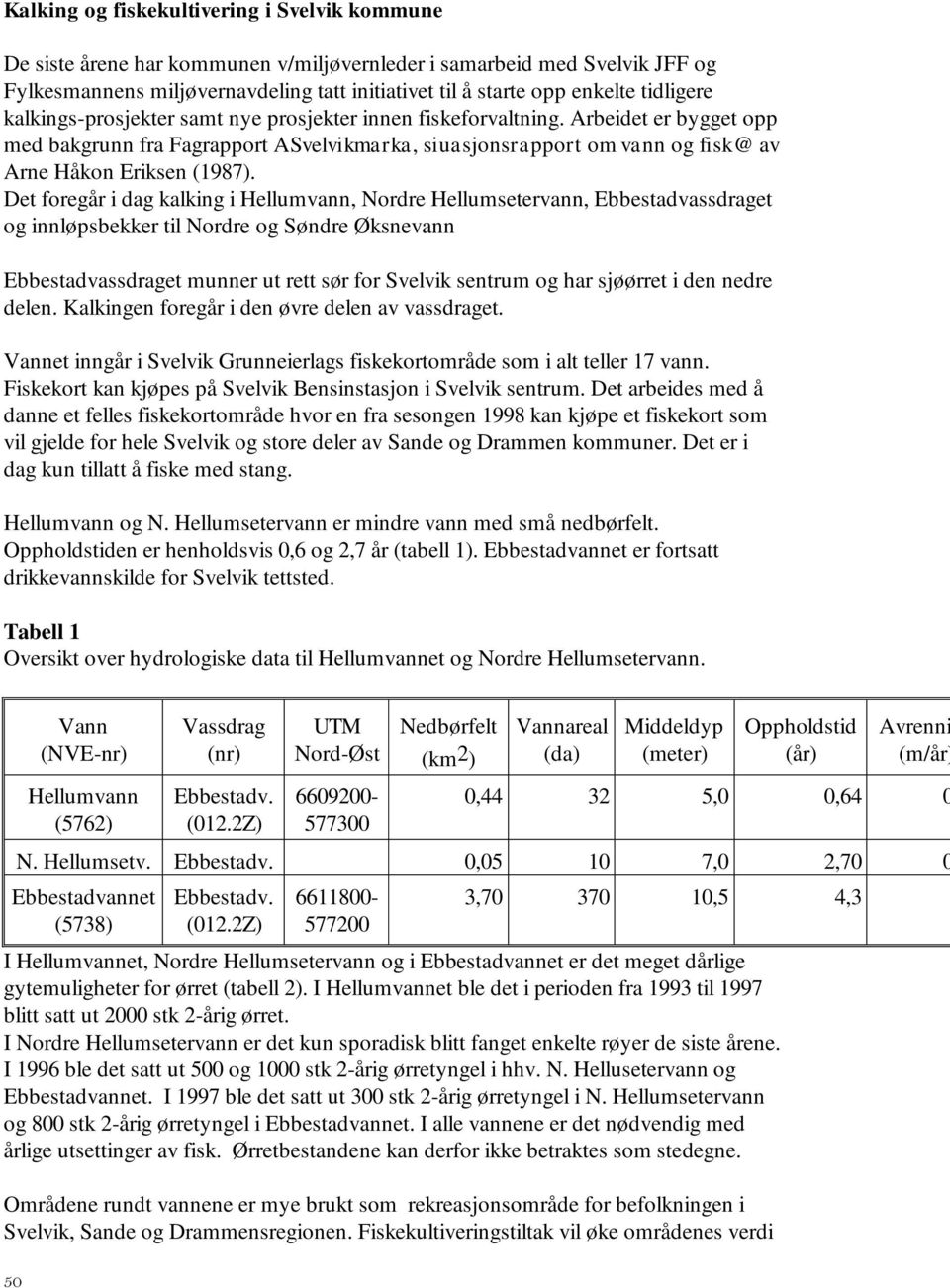 Arbeidet er bygget opp med bakgrunn fra Fagrapport ASvelvikmarka, siuasjonsrapport om vann og fisk@ av Arne Håkon Eriksen (1987).