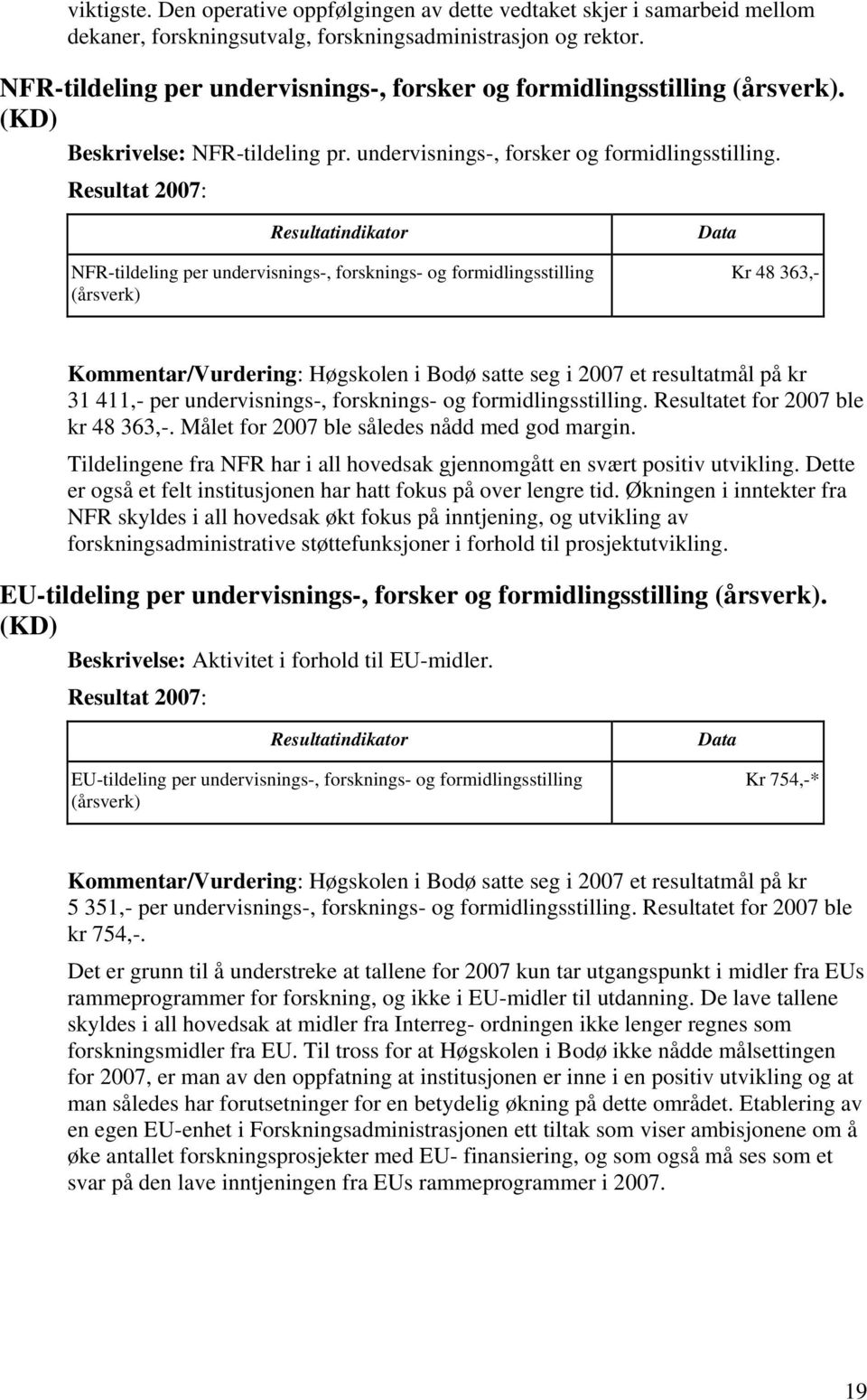 (årsverk). (KD) Beskrivelse: NFR-tildeling pr. undervisnings-, forsker og formidlingsstilling.