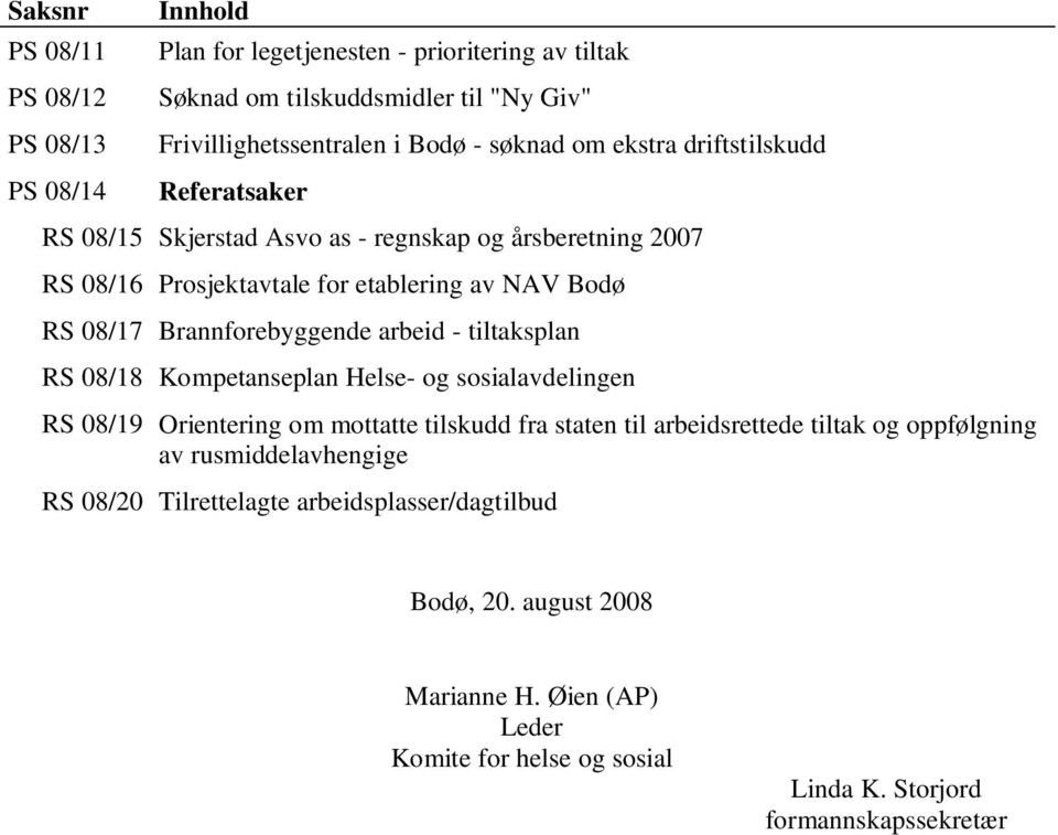 Brannforebyggende arbeid - tiltaksplan RS 08/18 Kompetanseplan Helse- og sosialavdelingen RS 08/19 Orientering om mottatte tilskudd fra staten til arbeidsrettede tiltak og