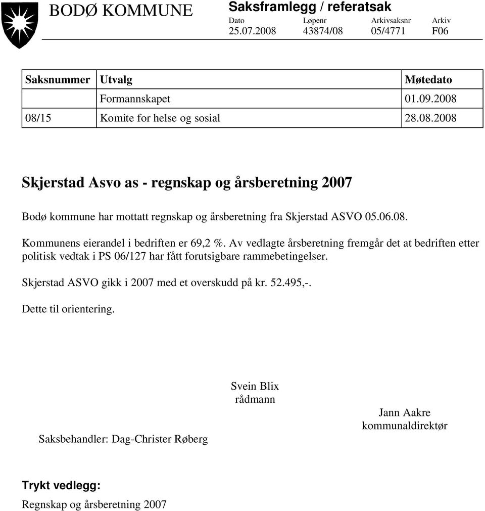 08. Kommunens eierandel i bedriften er 69,2 %. Av vedlagte årsberetning fremgår det at bedriften etter politisk vedtak i PS 06/127 har fått forutsigbare rammebetingelser.