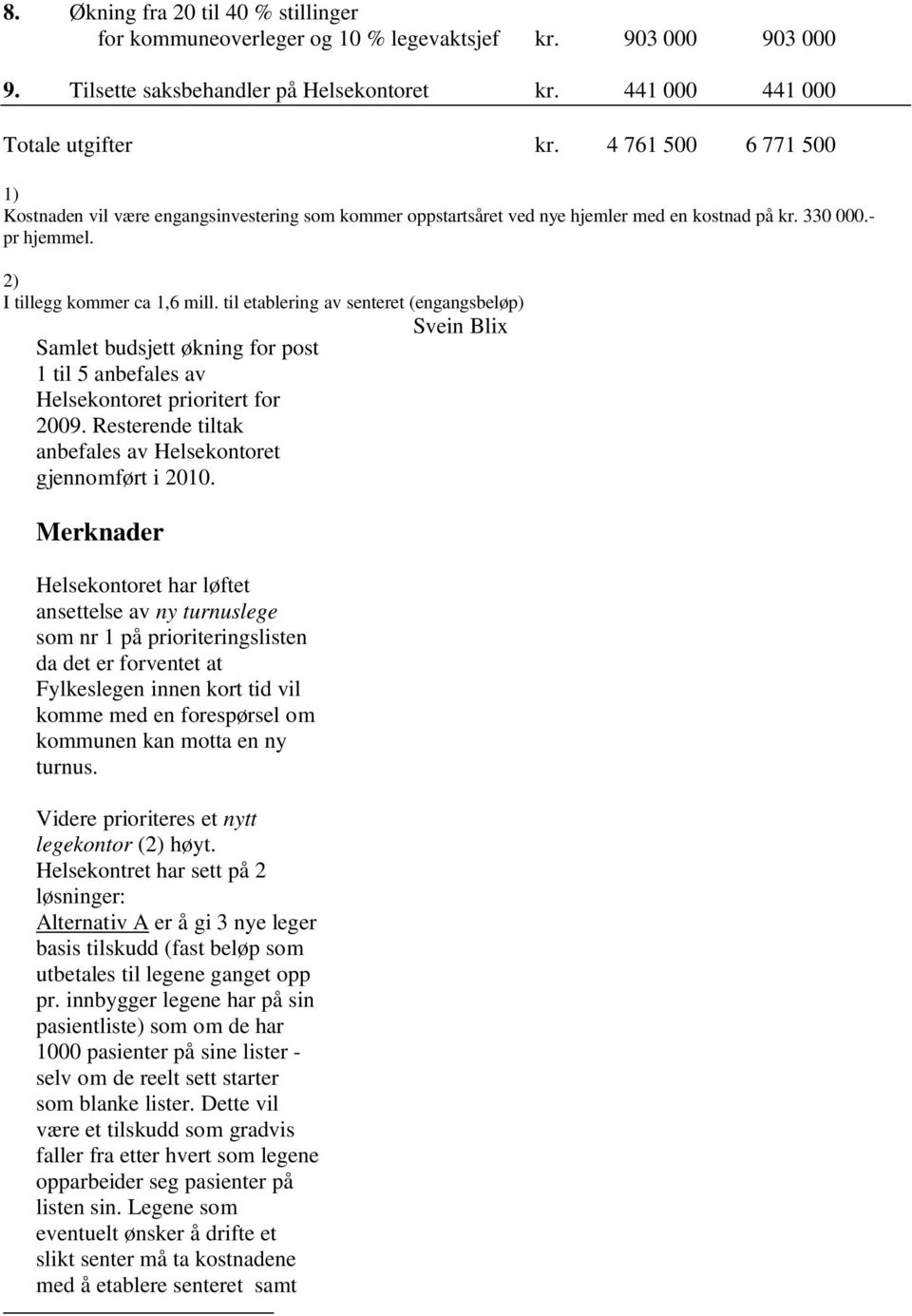 til etablering av senteret (engangsbeløp) Svein Blix Samlet budsjett økning for post 1 til 5 anbefales av Helsekontoret prioritert for 2009.