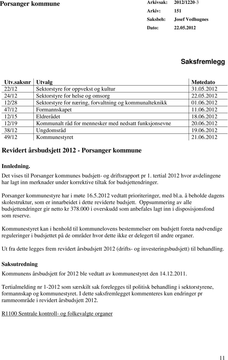 06.2012 38/12 Ungdomsråd 19.06.2012 49/12 Kommunestyret 21.06.2012 Revidert årsbudsjett 2012 - Porsanger kommune Innledning. Det vises til Porsanger kommunes budsjett- og driftsrapport pr 1.