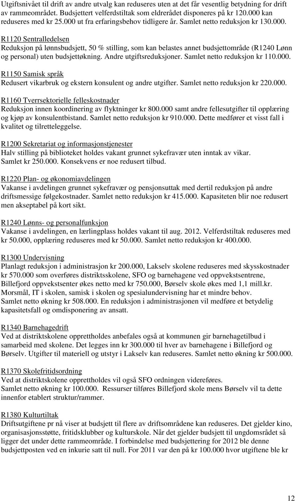 Andre utgiftsreduksjoner. Samlet netto reduksjon kr 110.000. R1150 Samisk språk Redusert vikarbruk og ekstern konsulent og andre utgifter. Samlet netto reduksjon kr 220.000. R1160 Tverrsektorielle felleskostnader Reduksjon innen koordinering av flyktninger kr 800.