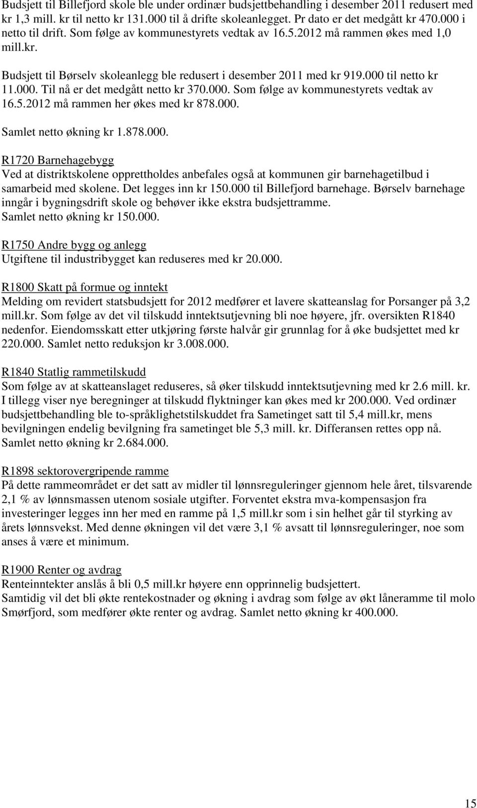 000. Som følge av kommunestyrets vedtak av 16.5.2012 må rammen her økes med kr 878.000. Samlet netto økning kr 1.878.000. R1720 Barnehagebygg Ved at distriktskolene opprettholdes anbefales også at kommunen gir barnehagetilbud i samarbeid med skolene.