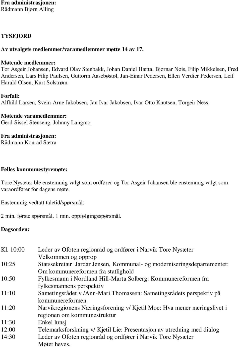 Verdier Pedersen, Leif Harald Olsen, Kurt Solstrøm. Forfall: Alfhild Larsen, Svein-Arne Jakobsen, Jan Ivar Jakobsen, Ivar Otto Knutsen, Torgeir Ness.