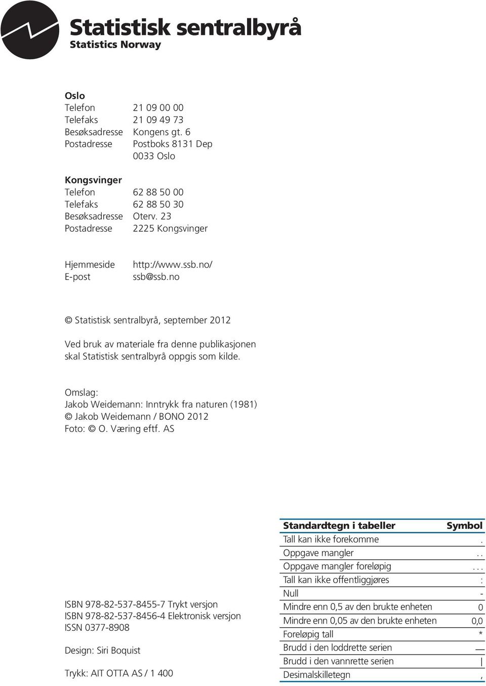 no Statistisk sentralbyrå, september 2012 Ved bruk av materiale fra denne publikasjonen skal Statistisk sentralbyrå oppgis som kilde.