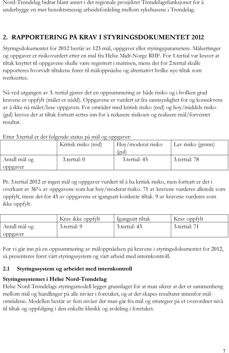 Målsettinger og oppgaver er risikovurdert etter en mal fra Helse Midt-Norge RHF. For 1.tertial var kravet at tiltak knyttet til oppgavene skulle være registrert i matrisen, mens det for 2.