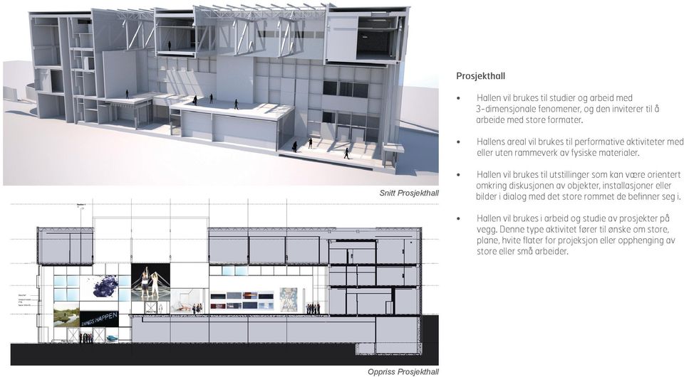 Hallen vil brukes til utstillinger som kan være orientert omkring diskusjonen av objekter, installasjoner eller bilder i dialog med det store rommet de