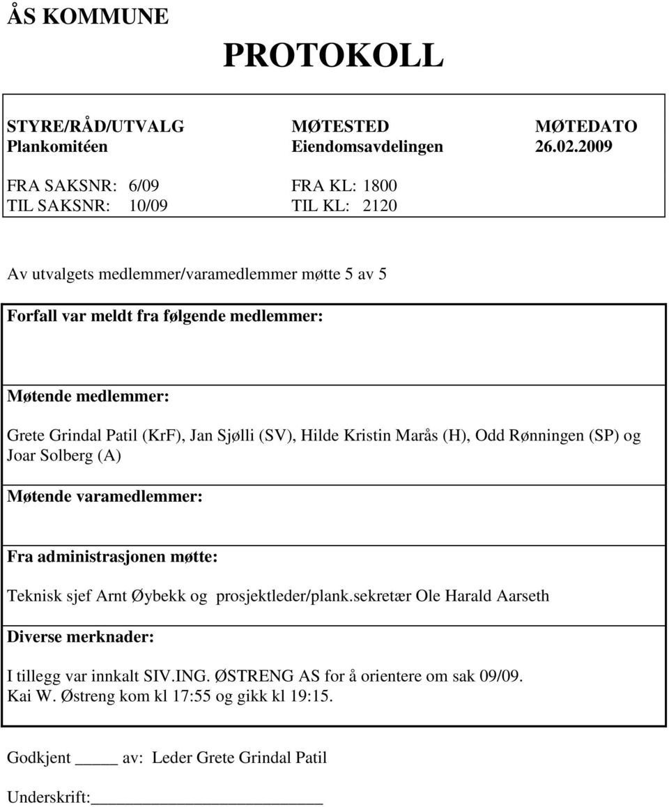 medlemmer: Grete Grindal Patil (KrF), Jan Sjølli (SV), Hilde Kristin Marås (H), Odd Rønningen (SP) og Joar Solberg (A) Møtende varamedlemmer: Fra administrasjonen møtte: