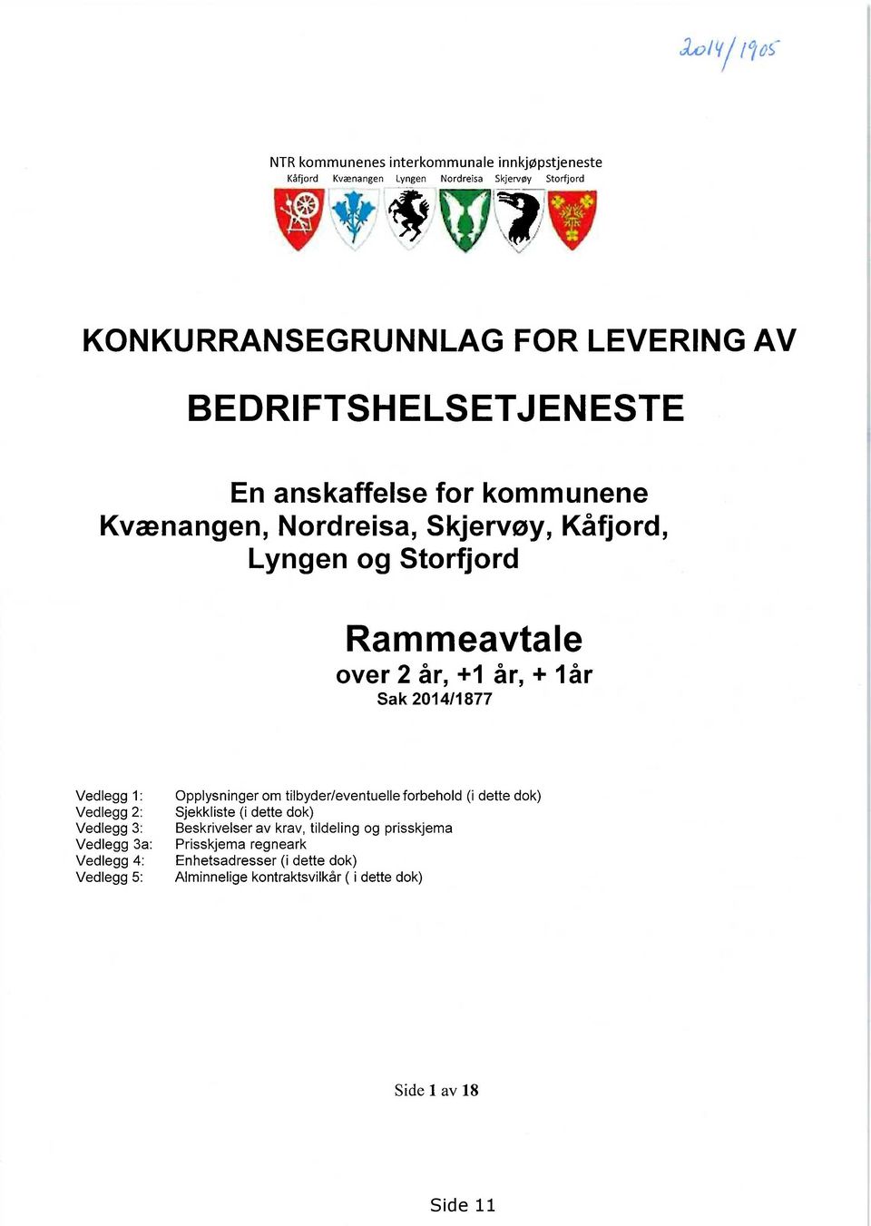 2014/1877 Vedlegg 1: Vedlegg 2: Vedlegg 3: Vedlegg 3a: Vedlegg 4: Vedlegg 5: Opplysninger om tilbyder/eventuelle forbehold (i dette dok) Sjekkliste (i