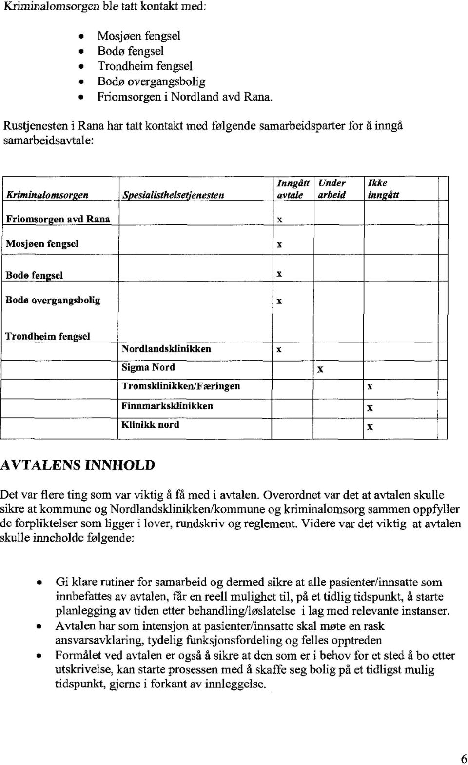 Mosjøen fengsel Bodø fengsel Bodø overgangsbolig Trondheim fengsel Nordlandsklinikken Sigma Nord Tromsklinikken/Færingen Finnmarksklinikken Klinikk nord AVTALENS INNHOLD Det var flere ting som var