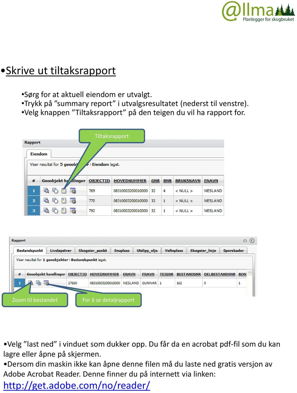 Tiltaksrapport Zoom til bestandet For å se detaljrapport Velg last ned i vinduet som dukker opp.