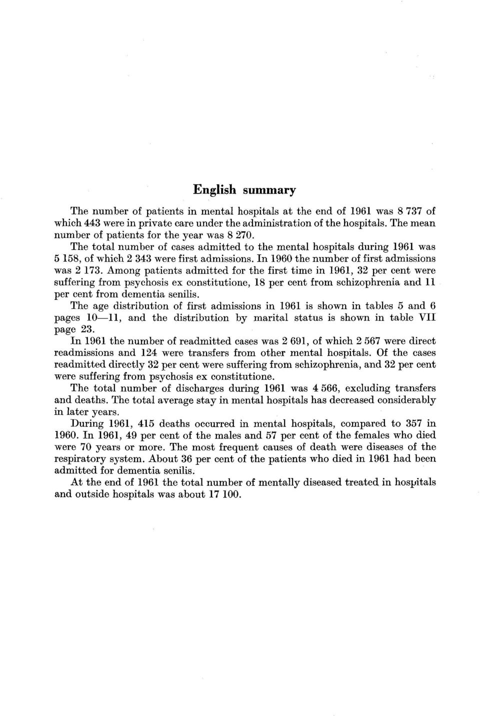 admitted for the first time in 1961, 32 per cent were suffering from psychosis ex constitutione, 18 per cent from schizophrenia and 11 per cent from dementia senilis The age distribution of first