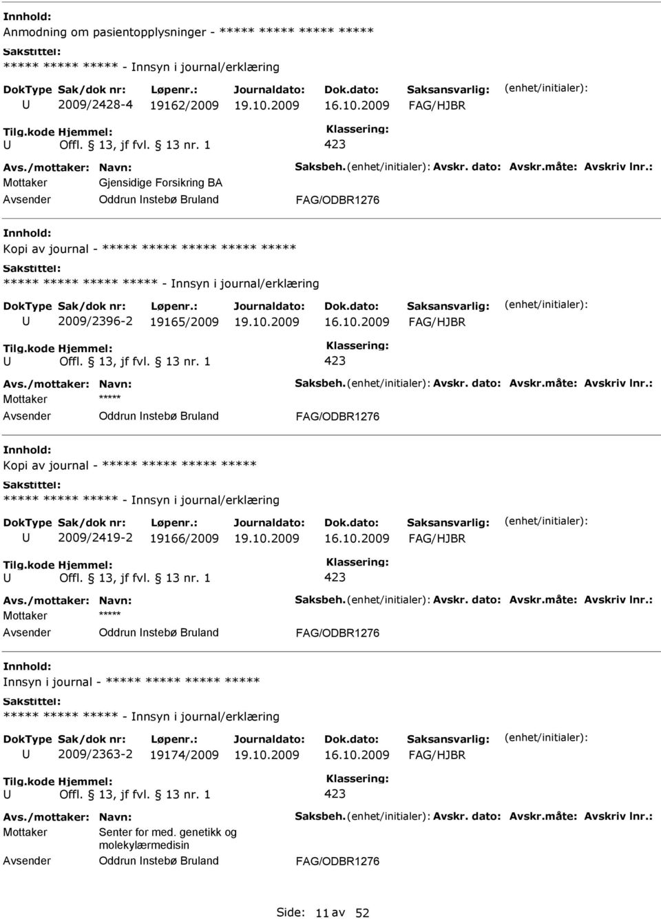 2009 FAG/HJBR Offl. 13, jf fvl. 13 nr. 1 423 Oddrun Instebø Bruland FAG/ODBR1276 Kopi av journal - ***** ***** ***** ***** ***** ***** ***** - Innsyn i journal/erklæring 2009/2419-2 19166/2009 16.10.