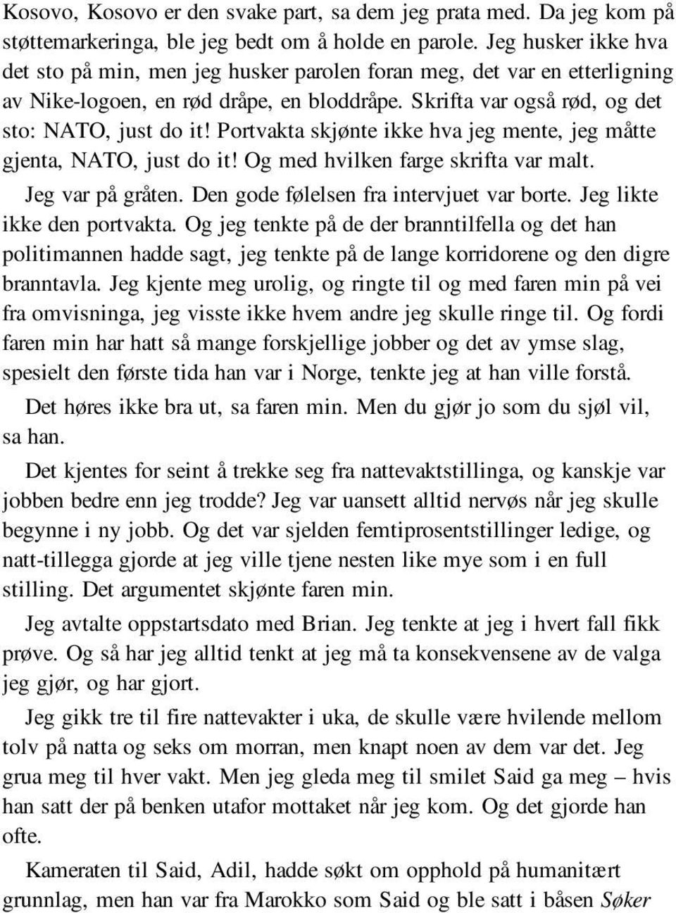 Portvakta skjønte ikke hva jeg mente, jeg måtte gjenta, NATO, just do it! Og med hvilken farge skrifta var malt. Jeg var på gråten. Den gode følelsen fra intervjuet var borte.