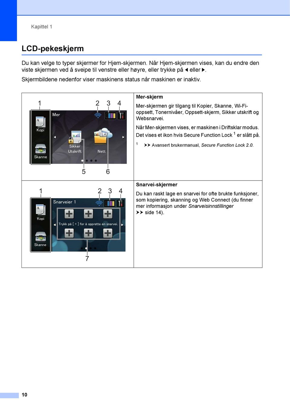 1 2 3 4 Mer-skjerm Mer-skjermen gir tilgang til Kopier, Skanne, Wi-Fioppsett, Tonernivåer, Oppsett-skjerm, Sikker utskrift og Websnarvei. Når Mer-skjermen vises, er maskinen i Driftsklar modus.