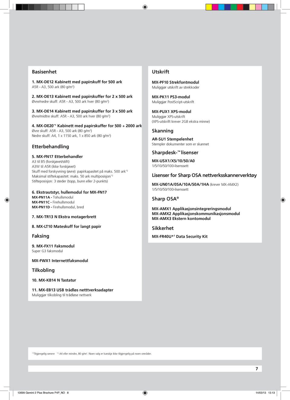 MX-DE20 *1 Kabinett med papirskuffer for 500 + 2000 ark Øvre skuff: A5R - A3, 500 ark (80 g/m 2 ) Nedre skuff: A4, 1 x 1150 ark, 1 x 850 ark (80 g/m 2 ) Etterbehandling 5.