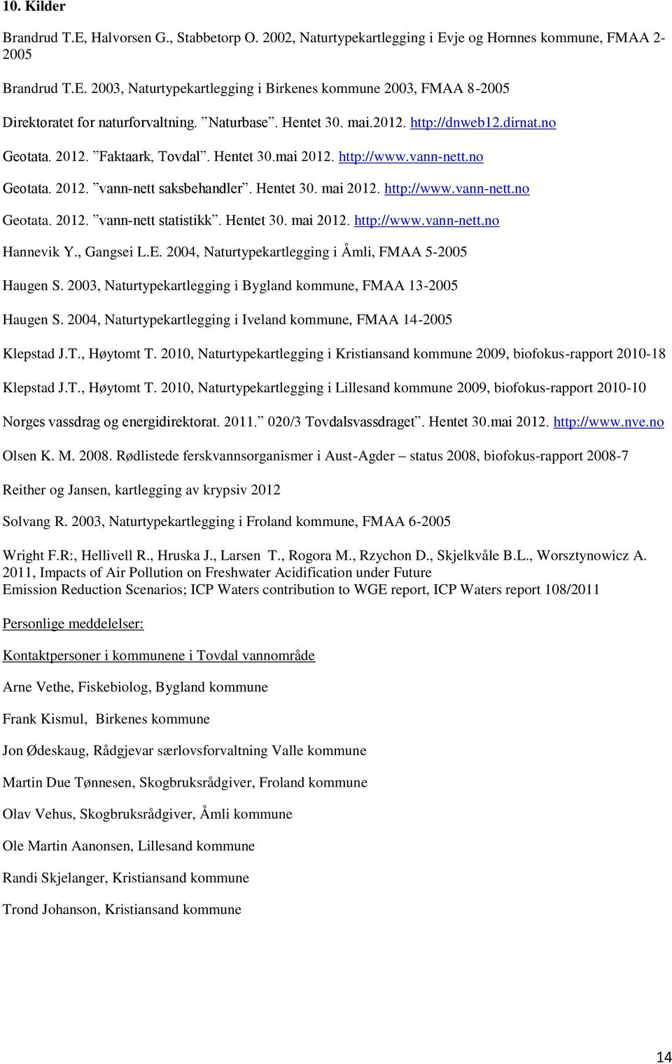 http://www.vann-nett.no Geotata. 2012. vann-nett statistikk. Hentet 30. mai 2012. http://www.vann-nett.no Hannevik Y., Gangsei L.E. 2004, Naturtypekartlegging i Åmli, FMAA 5-2005 Haugen S.