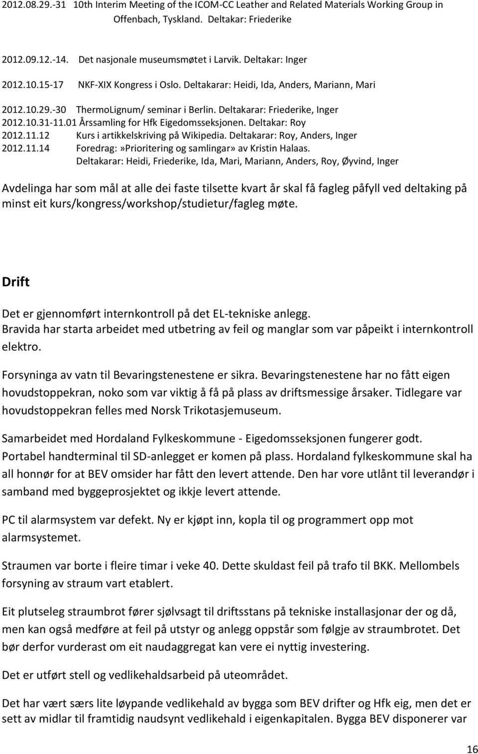 01 Årssamling for Hfk Eigedomsseksjonen. Deltakar: Roy 2012.11.12 Kurs i artikkelskriving på Wikipedia. Deltakarar: Roy, Anders, Inger 2012.11.14 Foredrag:»Prioritering og samlingar» av Kristin Halaas.