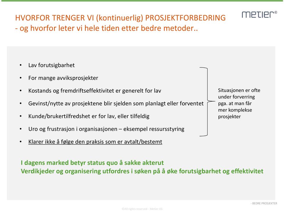 forventet Kunde/brukertilfredshet er for lav, eller tilfeldig Situasjonen er ofte under forverring pga.