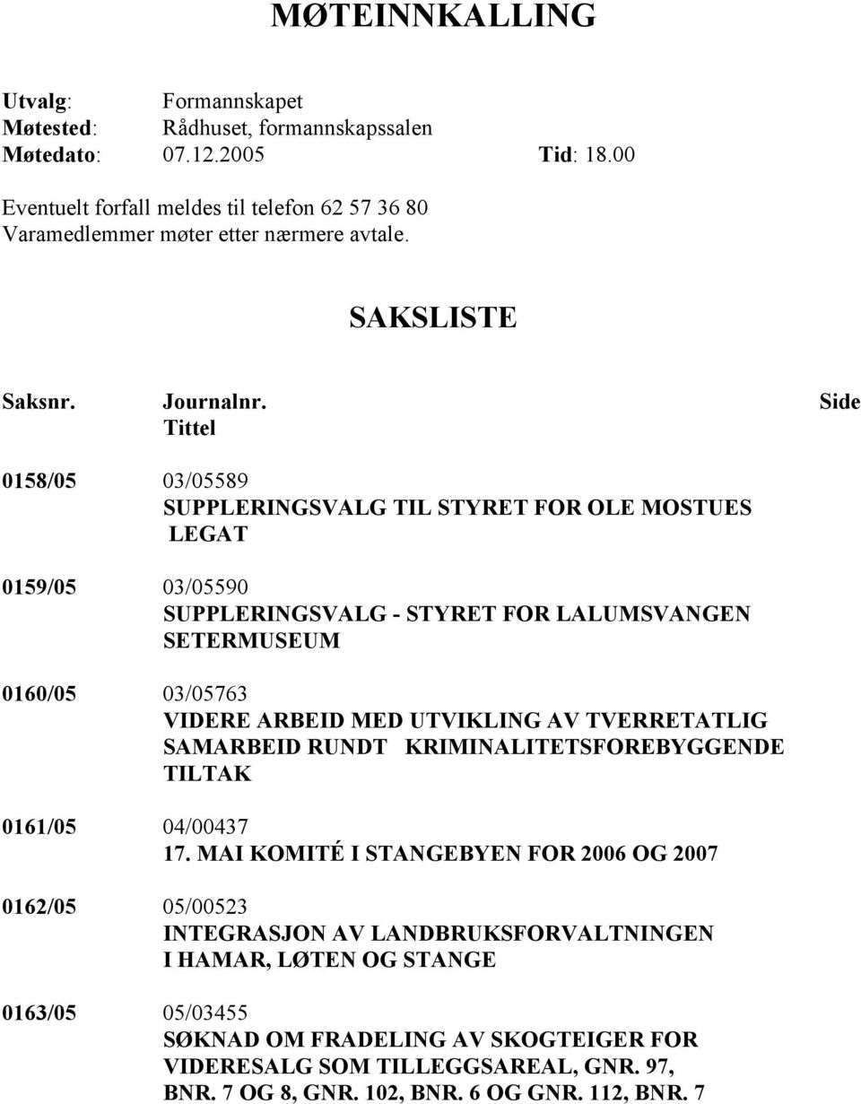 Side Tittel 0158/05 03/05589 SUPPLERINGSVALG TIL STYRET FOR OLE MOSTUES LEGAT 0159/05 03/05590 SUPPLERINGSVALG - STYRET FOR LALUMSVANGEN SETERMUSEUM 0160/05 03/05763 VIDERE ARBEID MED