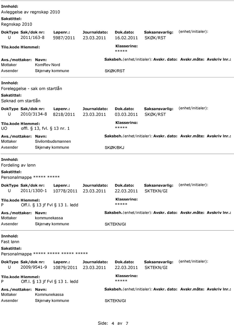 : Mottaker Sivilombudsmannen SKØK/BKJ Fordeling av lønn Personalmappe 2011/1300-1 10778/2011 22.03.2011 SKTEKN/G P Off.l. 13 jf Fvl 13 1. ledd Avs./mottaker: Navn: Saksbeh. Avskr.