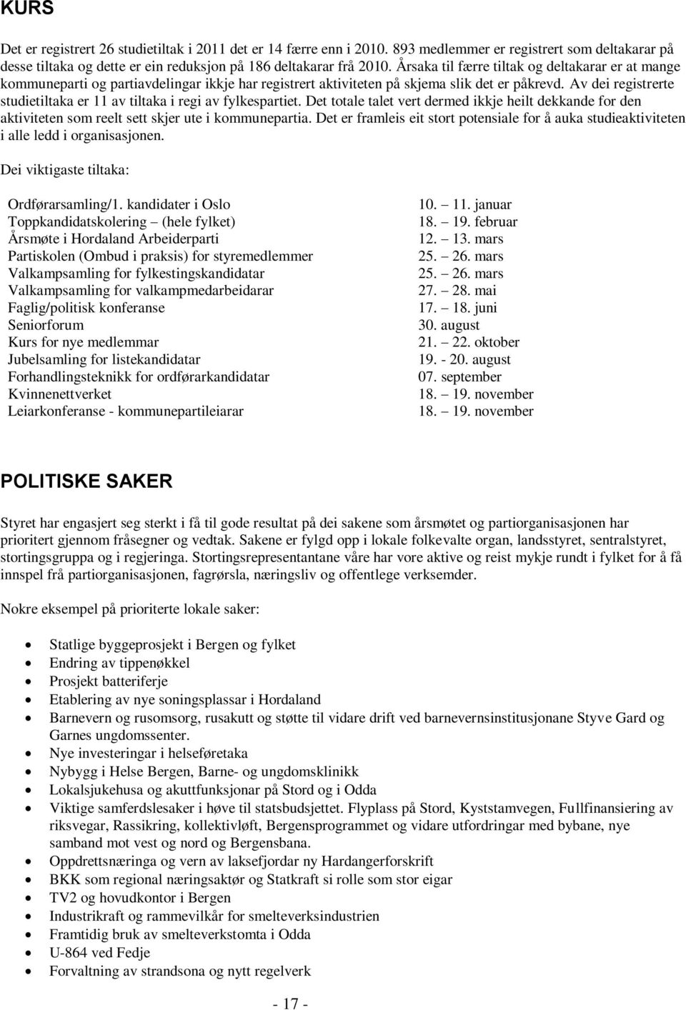 Av dei registrerte studietiltaka er 11 av tiltaka i regi av fylkespartiet. Det totale talet vert dermed ikkje heilt dekkande for den aktiviteten som reelt sett skjer ute i kommunepartia.