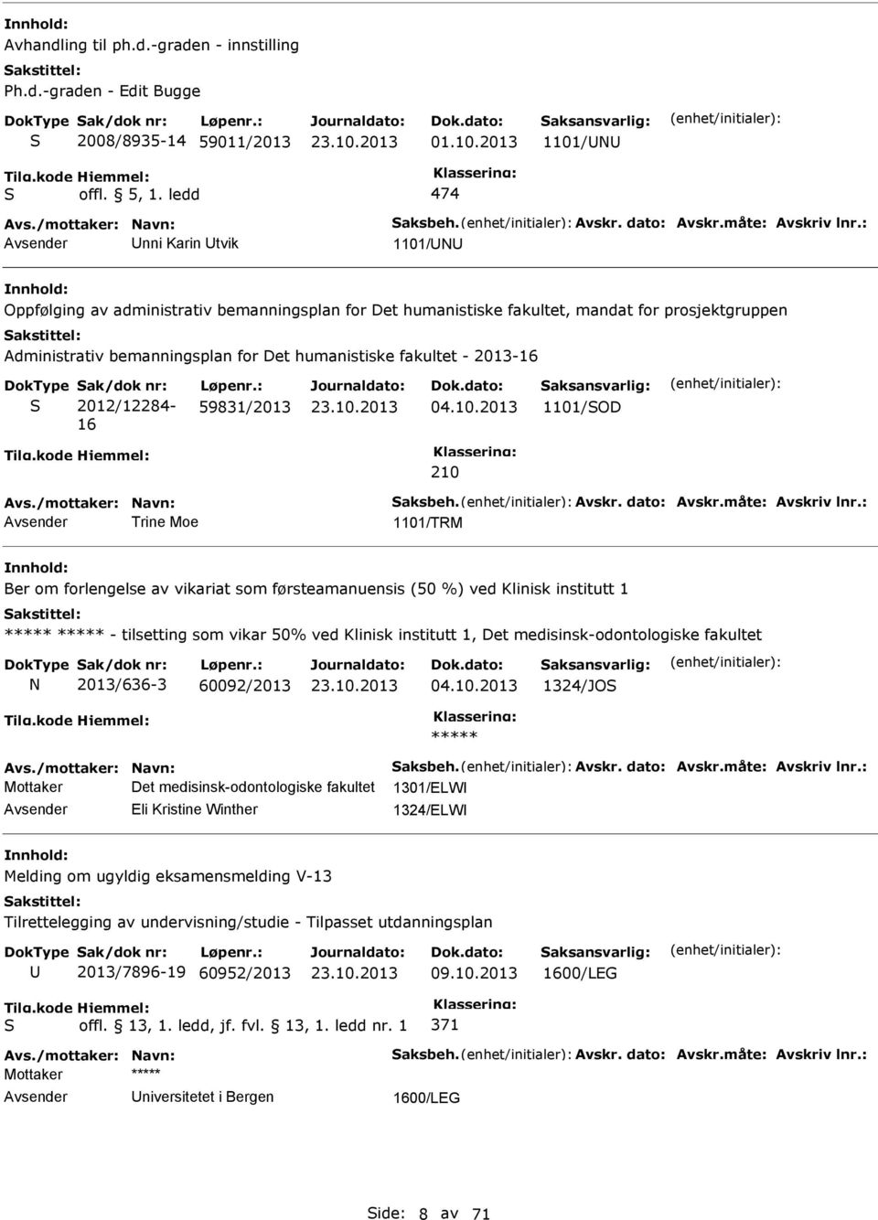 2012/12284-16 59831/2013 04.10.2013 1101/OD 210 Avs./mottaker: Navn: aksbeh. Avskr. dato: Avskr.måte: Avskriv lnr.