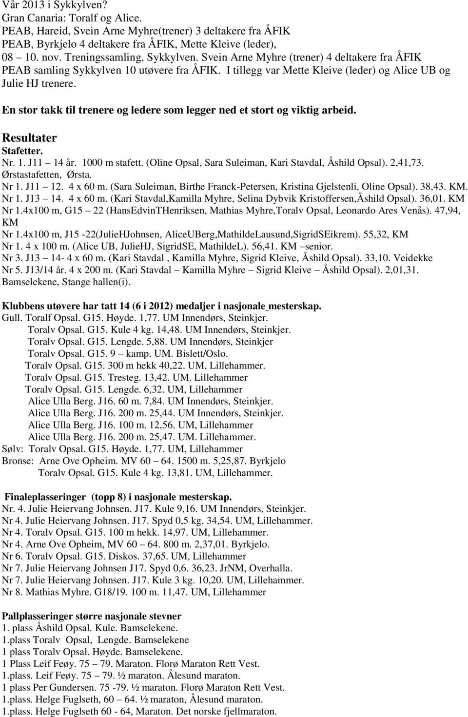 En stor takk til trenere og ledere som legger ned et stort og viktig arbeid. Resultater Stafetter. Nr. 1. J11 14 år. 1000 m stafett. (Oline Opsal, Sara Suleiman, Kari Stavdal, Åshild Opsal). 2,41,73.