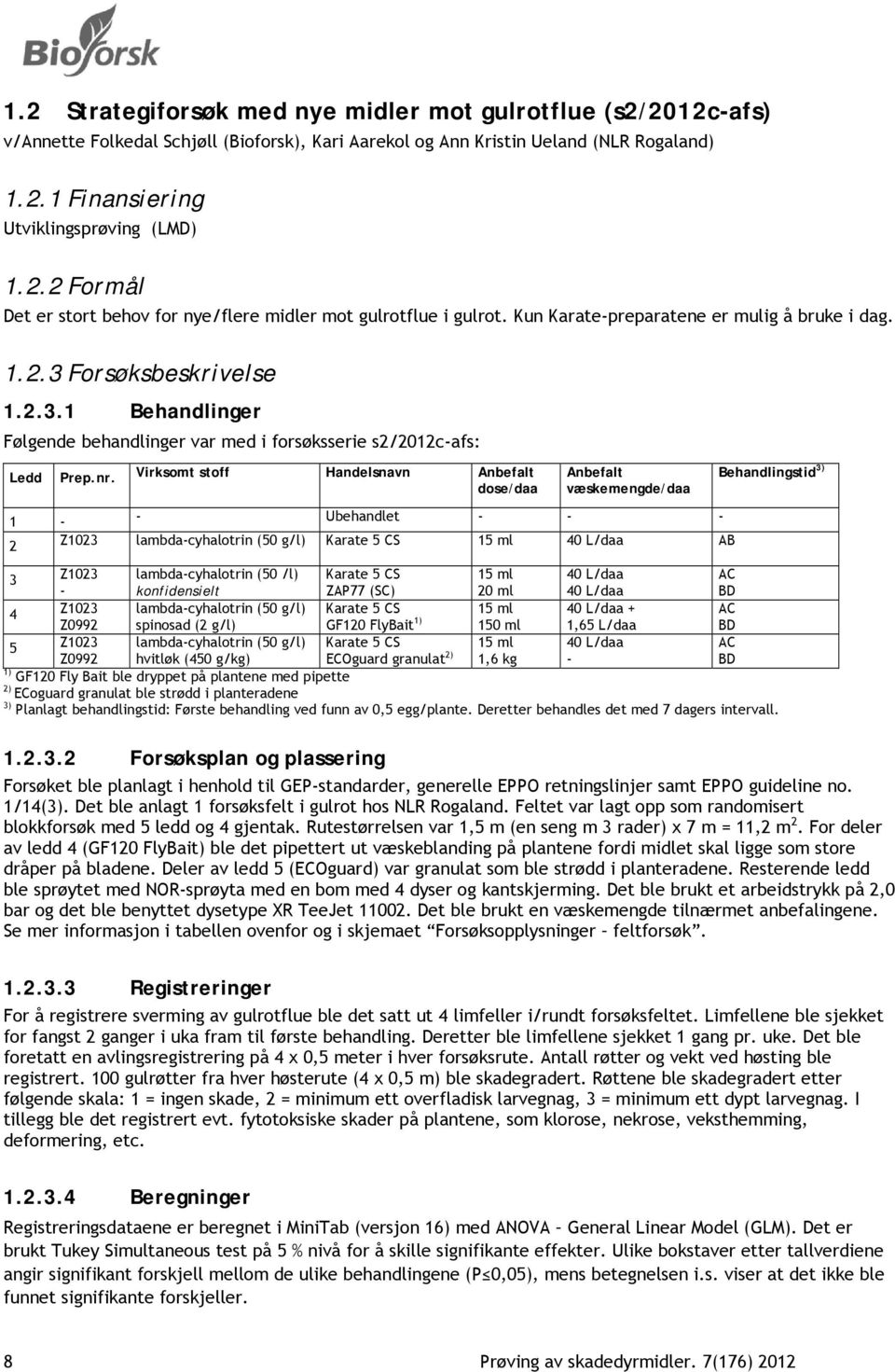 Virksomt stoff Handelsnavn Anbefalt dose/daa Anbefalt væskemengde/daa 1 - - Ubehandlet - - - 2 Z1023 lambda-cyhalotrin (50 g/l) Karate 5 CS 15 ml 40 L/daa AB Behandlingstid 3) 3 Z1023