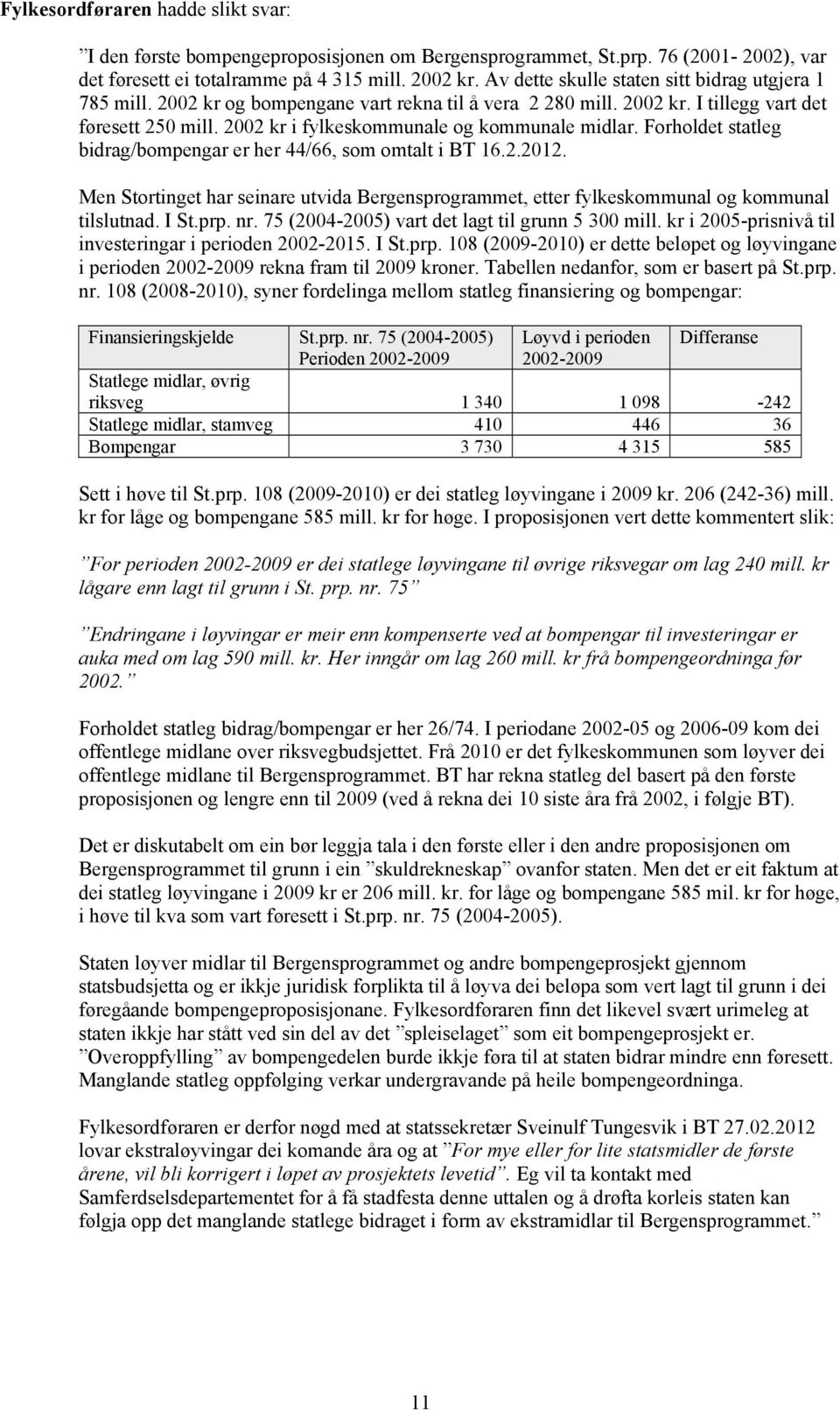 2002 kr i fylkeskommunale og kommunale midlar. Forholdet statleg bidrag/bompengar er her 44/66, som omtalt i BT 16.2.2012.